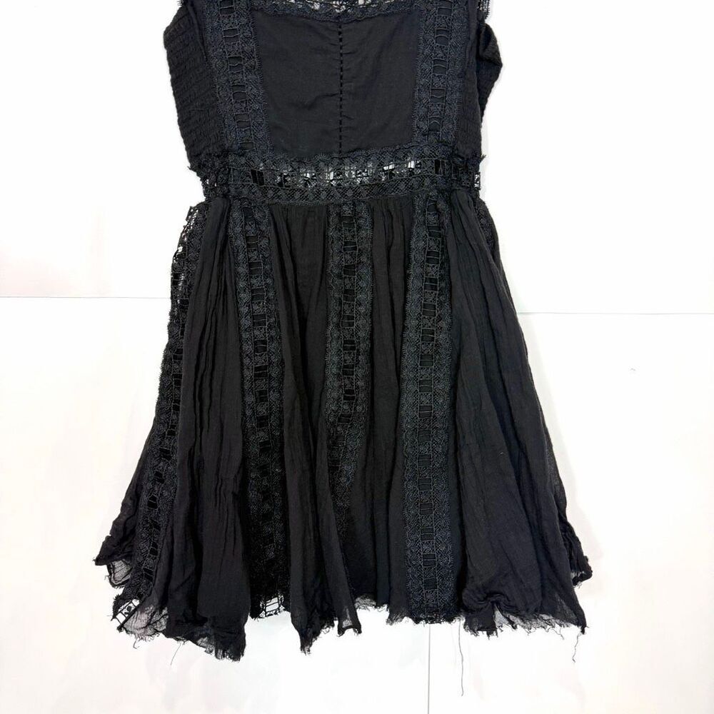 Free People Dress XS Verona Lace Trim Mini Black Square Neck Flare Gauzy Cotton - Picture 9 of 16
